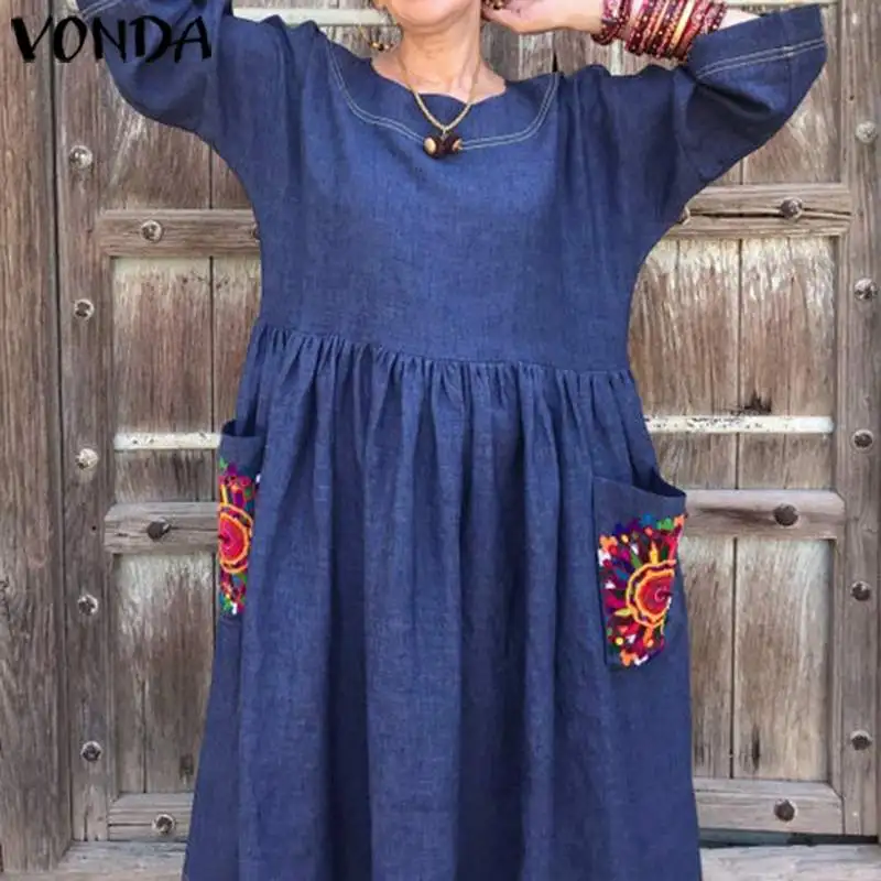 VONDA, повседневное джинсовое платье, осень, рукав 3/4, богемное платье размера плюс, женский пляжный сарафан, женские повседневные свободные вечерние платья