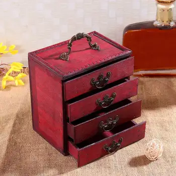 

New Wooden Retro Drawer Jewelry Cabinet Box Storage Makeup Organizer Bin Case Retro Style 4 Layers Storage Box