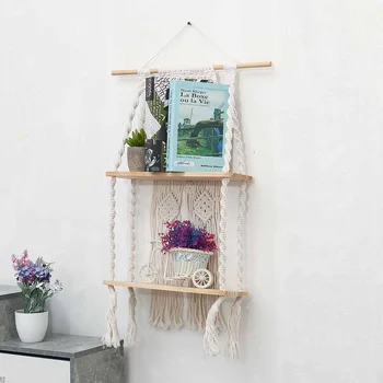 

2 Layer Woven Macrame Storage Rack Organizer Wooden Wall Shelf Modern Hanging Plant Flower Pot Holder Hanger Home Decoration