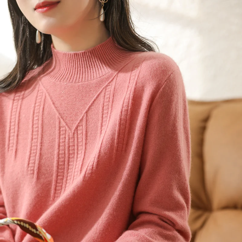 

Soft Warm 100% Pure Merino Wool Knitted Sweaters Women Mock Neck Long Sleeve Pulloves Hot Sale Female Woolen Clothes