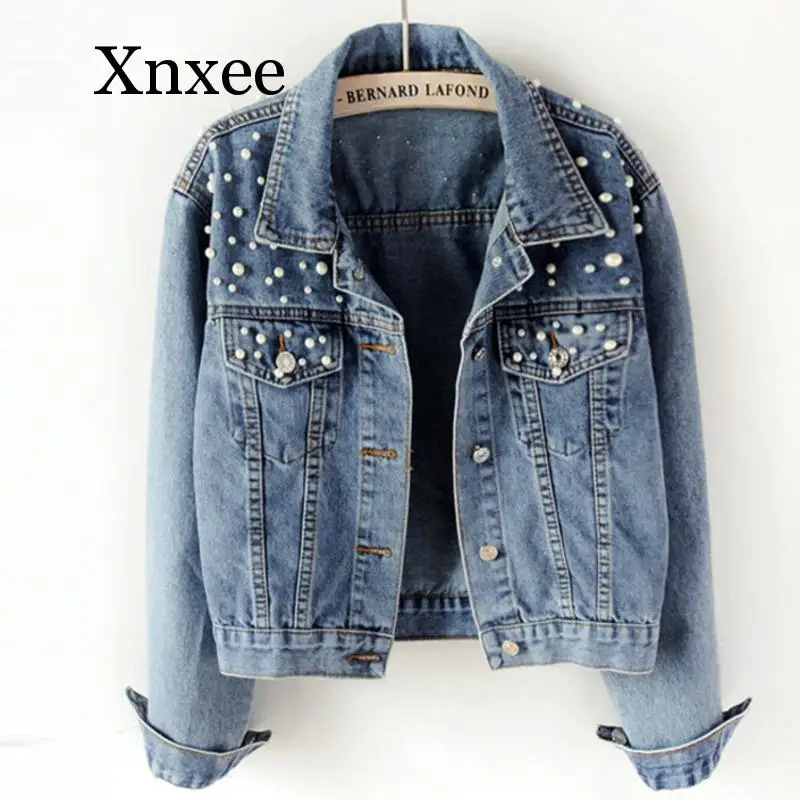 Pearl Beading Short Denim Jackets Women Wash Long Sleeve Vintage Casual Jean Jacket Denim Coat Women Jeans Coat  5xl