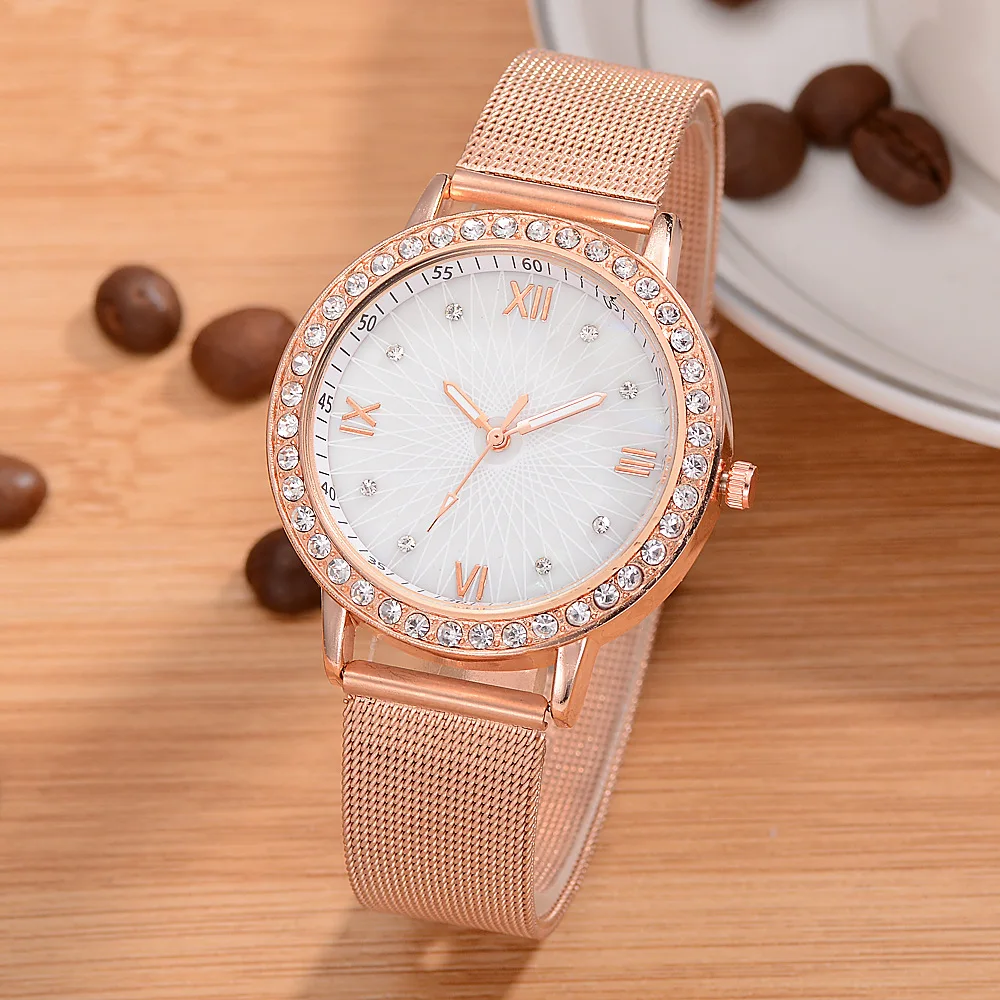 

Clock Women's Watches Fashion Luminous Hands Diamond Frame Precision Scale Roman Numerals Luxury Gold Stainless Steel Mesh Belt