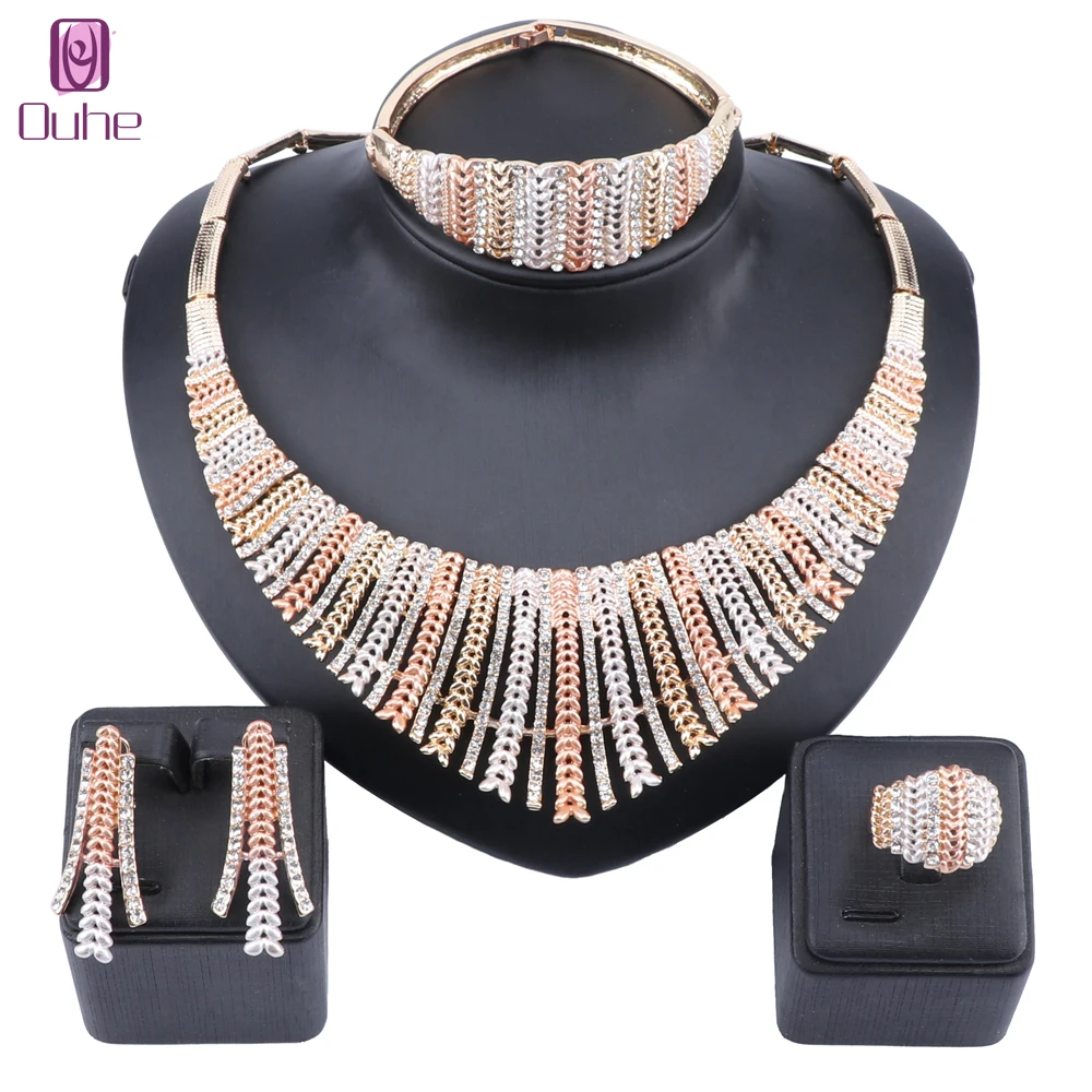 

Women African Beads Jewelry Sets Crystal Gold Colorful Necklace Earring Ring Bangle Statement Accessories Jewelry Set