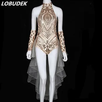 

Sexy Halter Collar Gold Sequins Backless Bodysuit Women Stage Wear Bar Nightclub Female DJ Singer Party Performance Costume