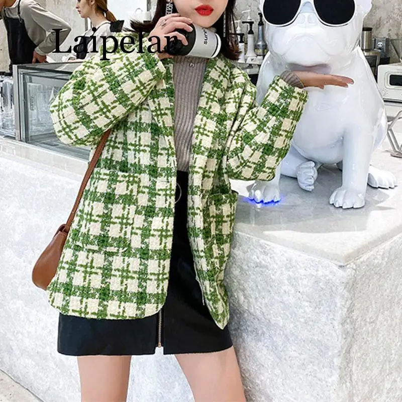 

Women red green plaid tweed jacket coat pocket notch collar pocket button vintage blazer