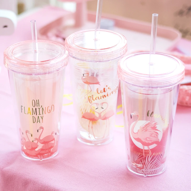 Creative Flamingo Plastic Cups With Straw Drinkware Cartoon ...