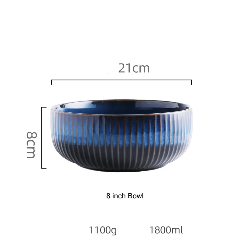 ANTOWALL Creative Nordic ceramic plate blue stripe flat plate household ceramic plate western plate pasta steak plate - Цвет: 8 inch Big Bowl