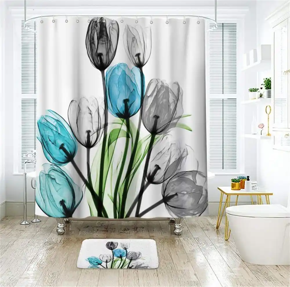 Tulip Shower Curtain Home Bathroom Anti-slip Carpet Rug Toilet Cover Mat Set 1