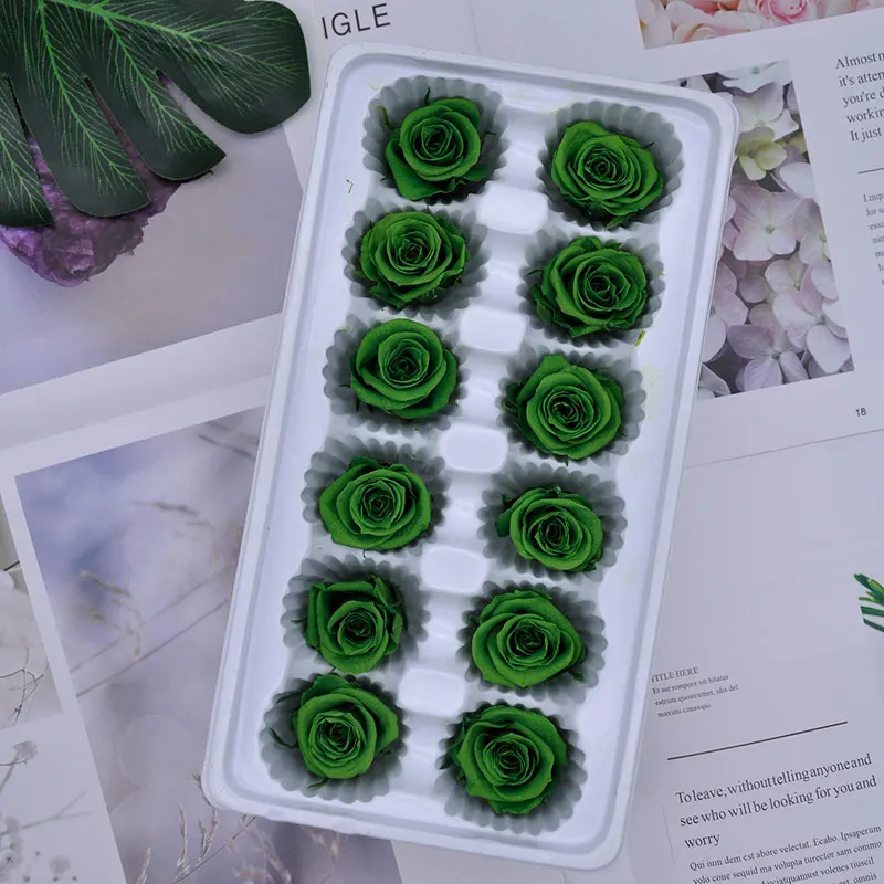 1 коробка, высокое качество, консервированные цветы, цветок, бесморская Роза, диаметр 3-4 см, подарок на день матери, вечная жизнь, цветок, материал, подарочная коробка - Цвет: deep green