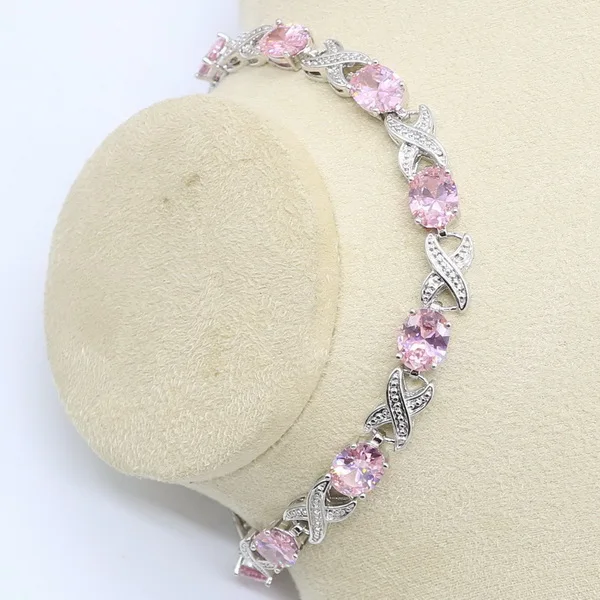 Овальный розовый циркон 925 пробы серебра набор украшений для женщин с браслет, серьги, ожерелье кулон подарок для свадьбы дня рождения - Окраска металла: Bracelet