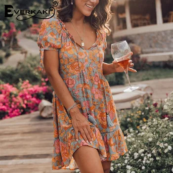 

Everkaki Boho Floral Print Mini Dress Women Vestidos Summer Ladies Gypsy Short Dresses Ethnic Casual Female 2020 Spring New