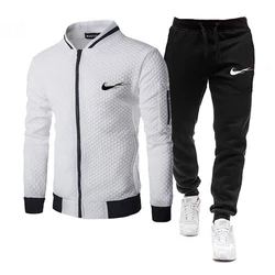 Marca de treino dos homens jaqueta com zíper sweatpants fitness gym treino conjunto masculino algodão esportes treino 2 peça conjunto jogging faixas