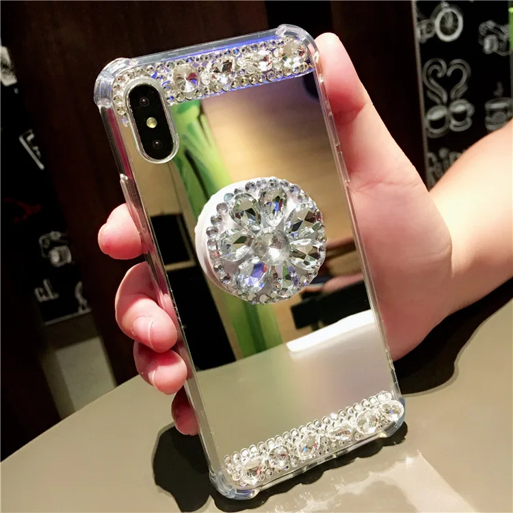 

Marchcover for iPhone XS MAX XR X 8 7 6S 6 Plus Glitter Rhinestone Mirror case Grip Expand Stand cover Air Cushion Shockproof