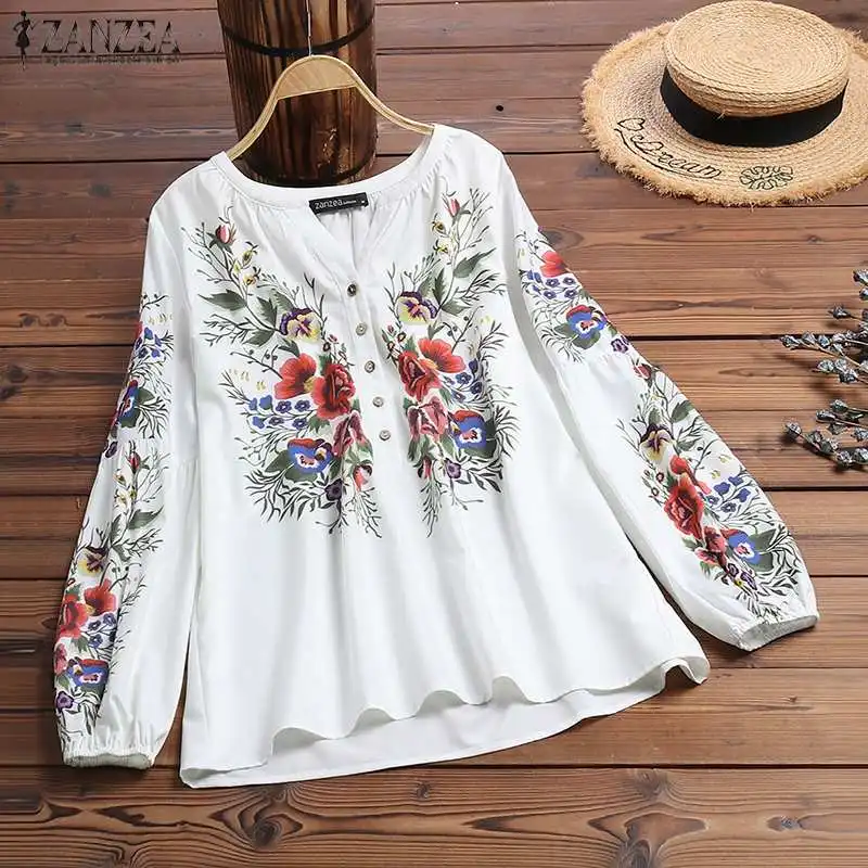 Bohemian Blouse Shirt Vintage Tops Floral-Printed ZANZEA Robe Spring Blusas Long-Sleeve