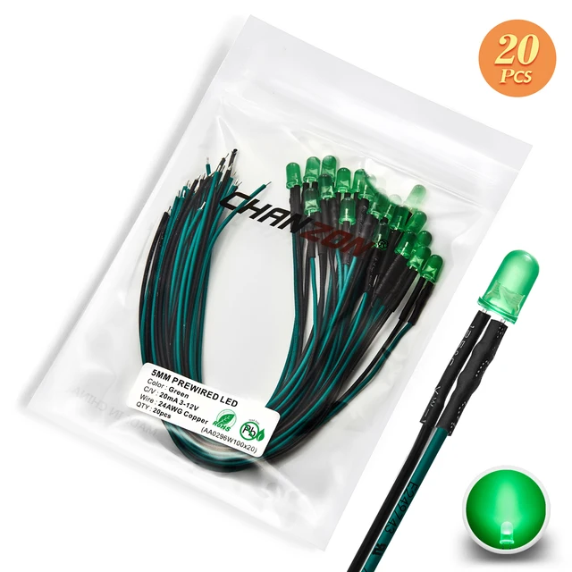 12V 5mm LED Diode Kit Warm White Red Green Blue Yellow Orange UV Purple Pink Prewired 5 9 12 V Diffused Light Emitting Indicator 20pcs Green