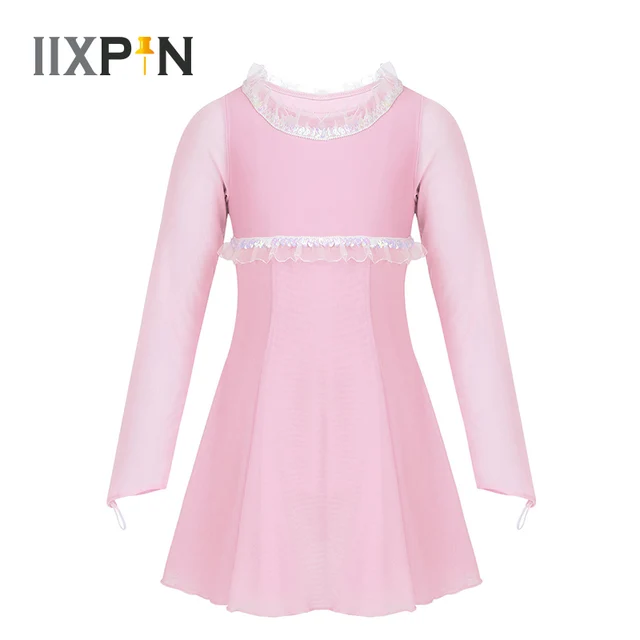 US $15.91 Girls Figure Ice Skating Dress ballet Leotard Dress Long Sleeves Sequins Ruffles Trimming Roller Sk