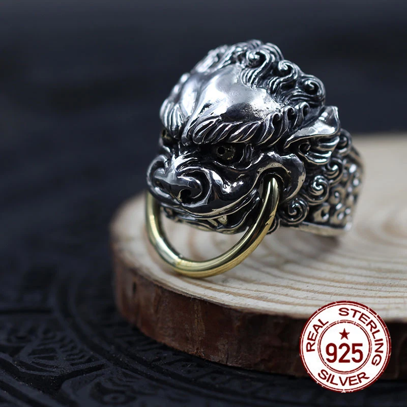 

S925 sterling silver men's open ring personality retro classic style carved lion modeling send lover's jewelry gift 2018 Hot new