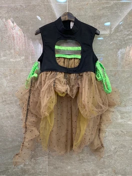 

2020 Spring and Summer New Women's round Neck Color Matching Stitching Mesh Decorative Sleeveless All-match Top 601