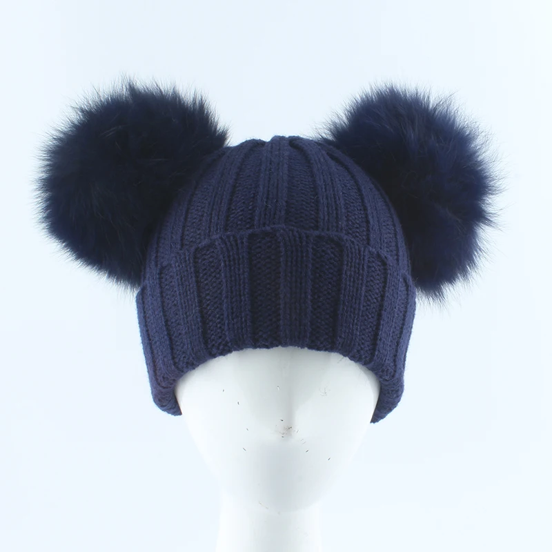 New Winter Hats For Girls Boys Fox Fur Pompom Hat Baby Kids Beanie Double Pompom Fur Hat Children Knitting Hat Skullies
