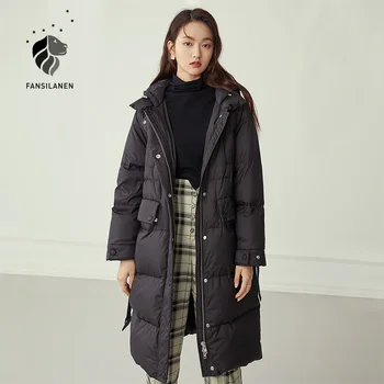 

FANSILANEN Autumn winter long black down coat Women 90% white duck down hooded puffer jacket Feather wram light down parka 2020