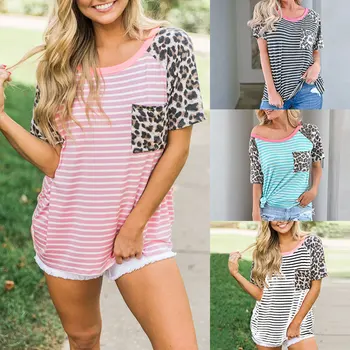 

2020 Hot Women T-Shirt Spring Summer Raglan Sleeve Tops Stripes Leopord Patchwork Pocket T-shirt Casual Female Print Camisas