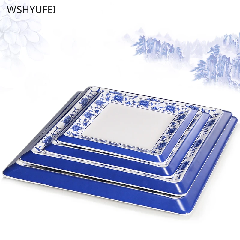

Blue and white porcelain imitation porcelain bone plate is not easy to break square retro classic plate restaurant kitchen dish