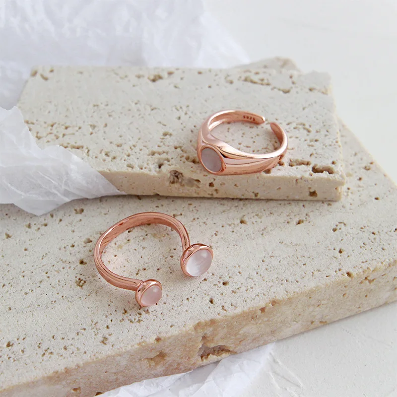 Silvology 925 Sterling Silver Shell Opal Cat Eye Stone Rings Rose Gold Round Romantic Rings for Women Girls Jewelry Charm