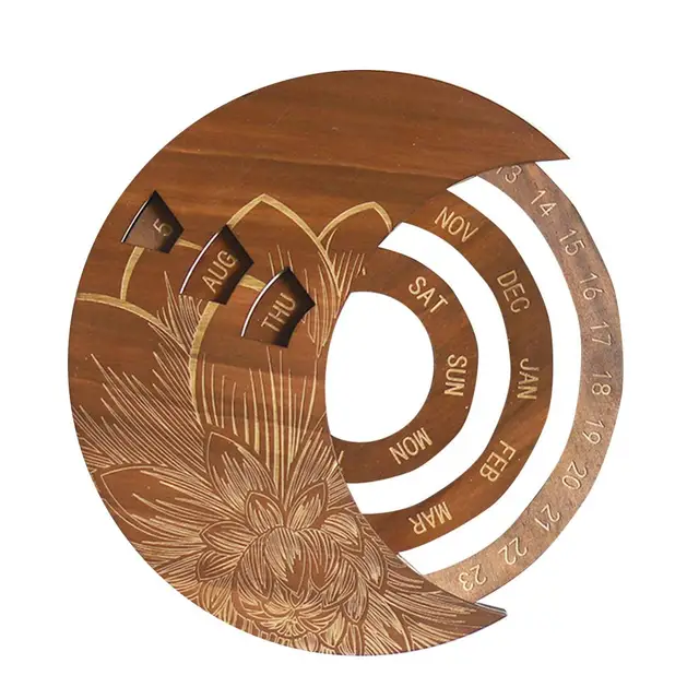 Wooden Round Turntable Calendar Creative Wooden Wall Calendar Wall Hanging Crafts Desktop Decorative Classic Gift Chocolate