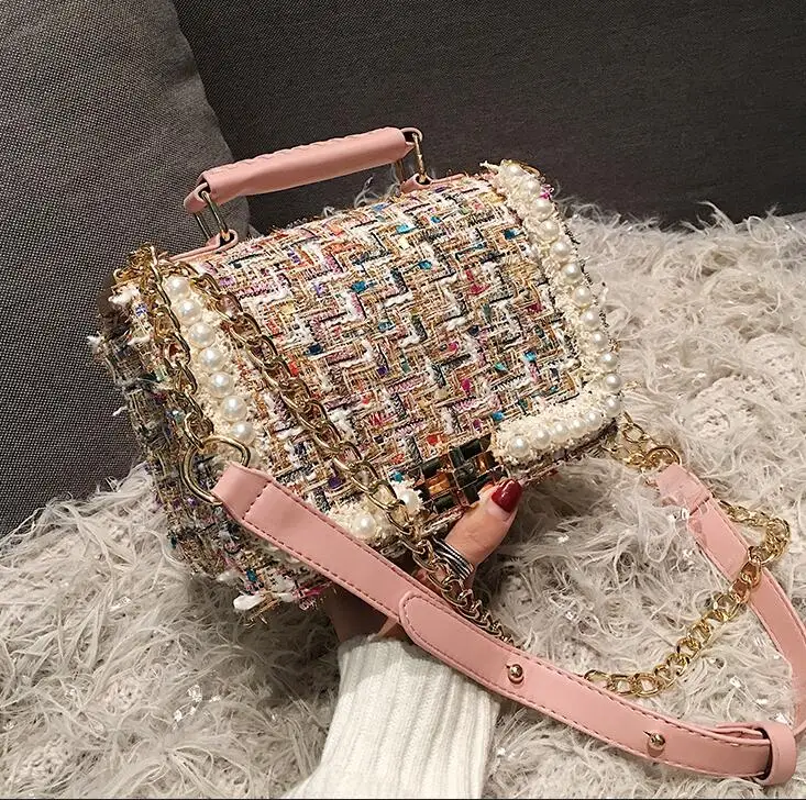 Pink Зимняя модная новая женская сумка квадратная качественная шерстяная женская дизайнерская сумочка с жемчугом женская сумка через плечо с цепочкой - Цвет: Pink