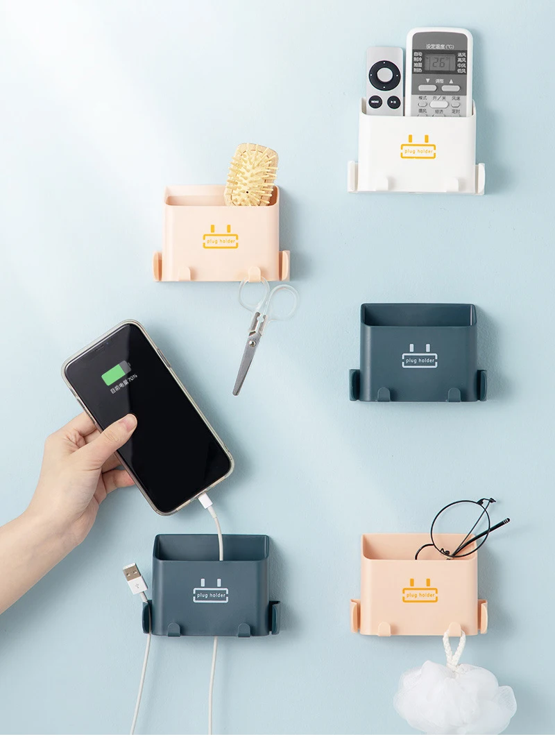 Wall-Mounted Storage Box Storage Rack Shelf Organizer Hooks Remote Control Mobile Phone Holder