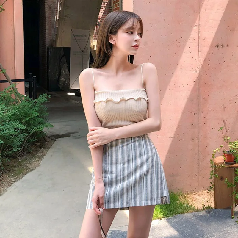 Милая трикотажная Женская сорочка женская универсальная летняя Новинка Camis тонкий с открытыми плечами однотонный сексуальный ремень