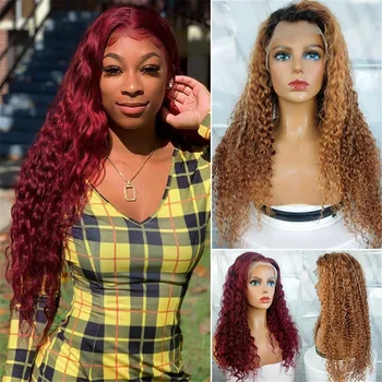 

Dark 99j Deep Wave Wig 13x4 Frontal Wigs Brazilian Human Hair Highlight 1B/7 Colored Curly Lace Front Wigs West Kiss Hair Remy