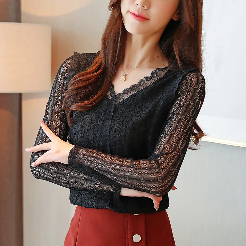 

White/Black lace top long sleeve V-neck transparent hollow out sexy shirt 2019 autumn women Korean elegant blouse shirts