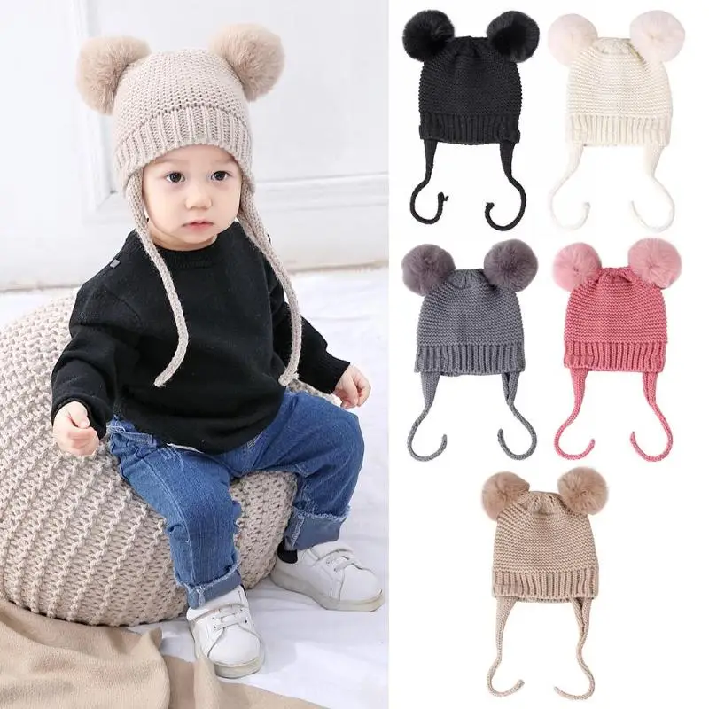 

Children Hat Toddler Kids Baby Warm Winter Knit Double Pompom Beanie Infant Cap Applicability Gender Male and Female Babies