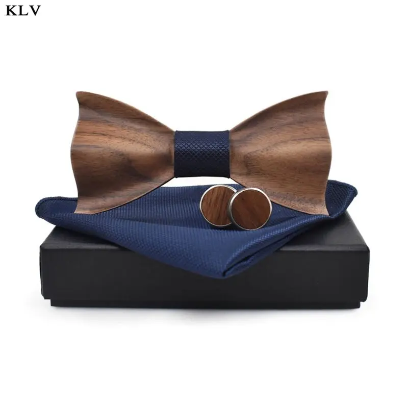  Classic 3D Black Walnut Wooden Bowtie Handkerchief Cufflinks Gift Box Wedding Party