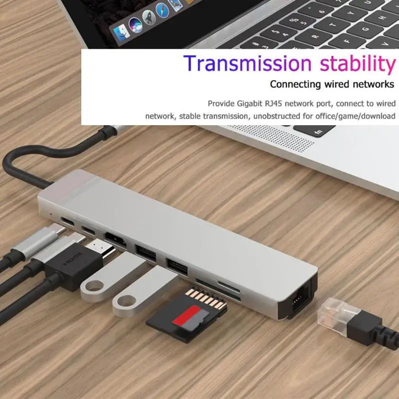 Многофункциональный портативный 8 в 1 USB 3,1 тип-c хаб-конвертер 4K HDMI PD USB-C RJ45 2 USB 3,0 картридер адаптер док-станции