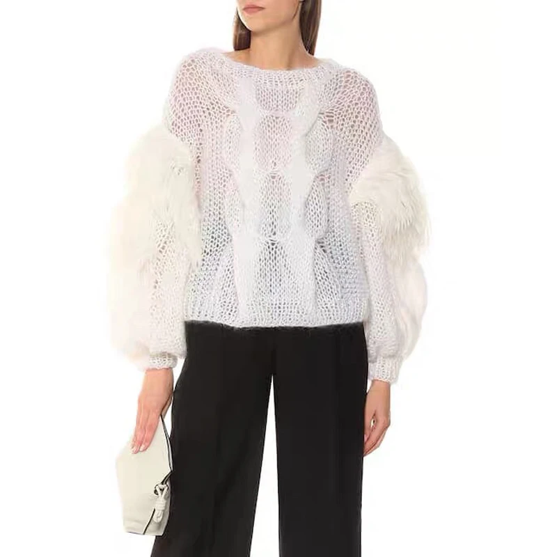 

! 11.8 Hot Sale Winter New Feather Tassels Hollow Out Wool Knitted Pullover Women Fashion Loose Puff Sleeve Sweater Knitwear