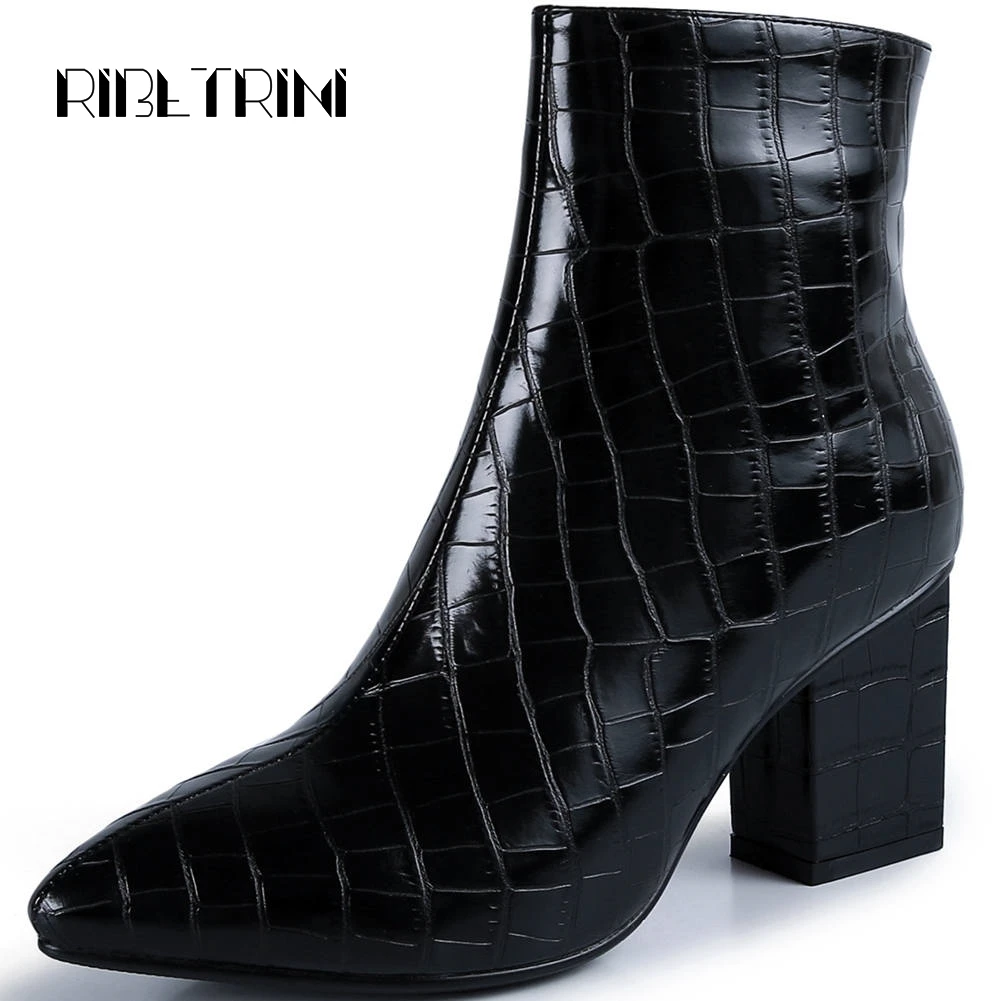 

RIBETRINI Chelsea Western Boots Women Vintage Block Heels Pointed Toe Snakeskin Printed Shoes Woman Side Zip Ankle Boots