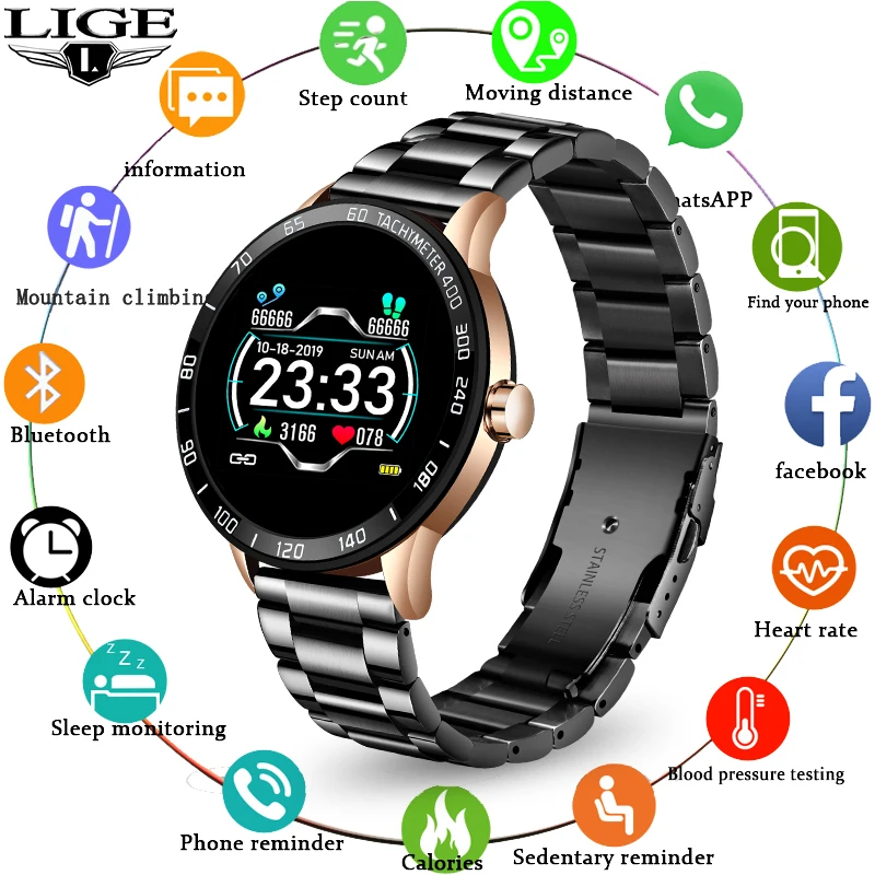 

LIGE New Smart Watch Men Fitness Tracker Heart Rate Blood Pressure Monitor IP67 Waterproof Sports Smartwatch for Android iOS