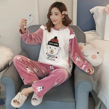 

2020 Winter Long Sleeve Thick Warm Flannel Pajamas Sets Women Cartoon Coral Velvet Pyjama Girls Cute Sleepwear Homewear Clothing