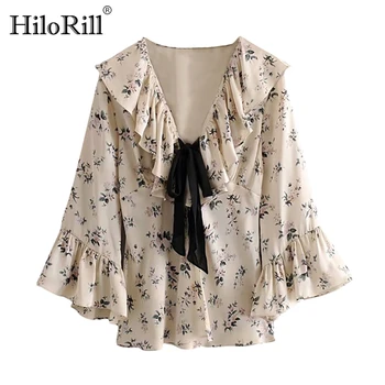 

Elegant Floral Print Blouse Women Flare Long Sleeve Ruffle Blouses 2020 Bow Tie Collar Vintage Chic Shirt Ladies Casual Tops