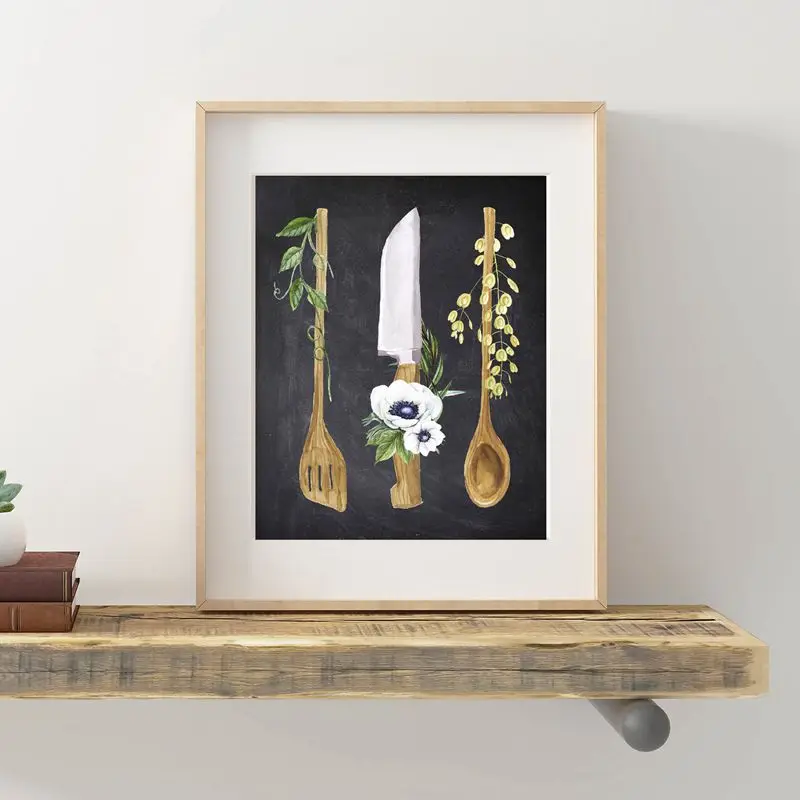 Watercolor Utensils Canvas Poster Home Kitchen Decor