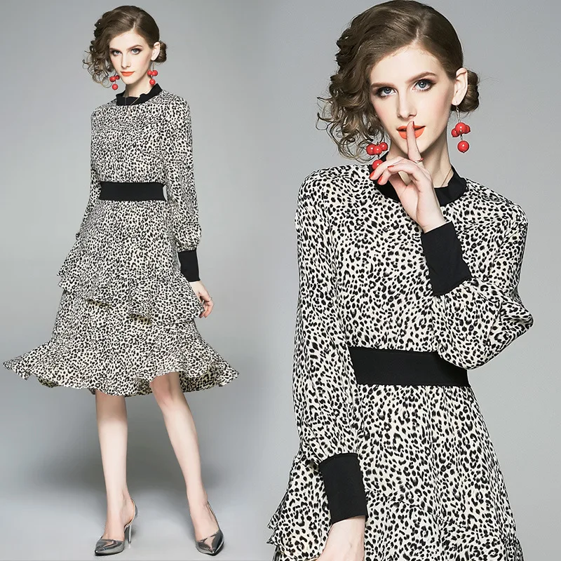 

Ozhouzhan 2019 Spring And Summer New Products Leopord Pattern Printed Panel Skirt Long Sleeve Irregular Mid-length Dress