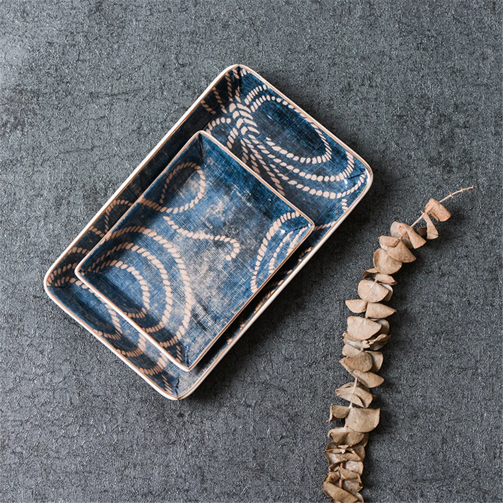 

Nordic Storage Tray Retro Blue Ceramic Jewelry Tray Kitchen Desktop Fruit Dessert Plate Handmade Gold Rim Organizer Plate