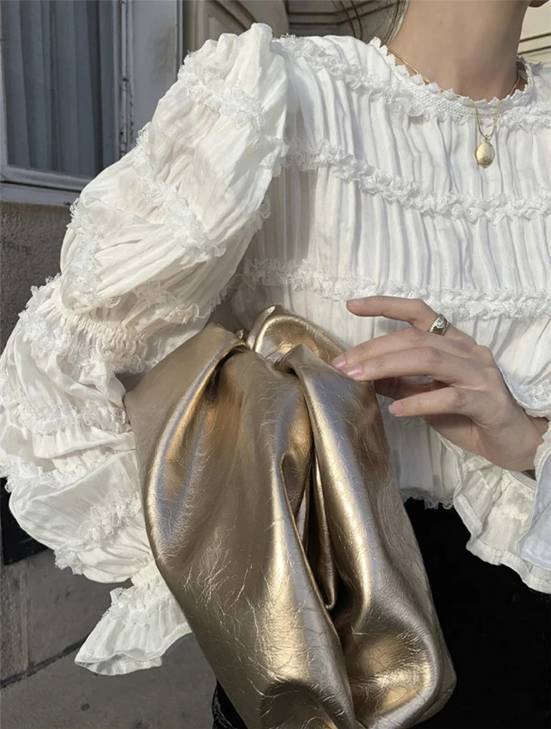 RICININA, кружевная блузка для женщин, белая, длинный, с пышными рукавами, однотонная, с оборками, Женские топы и блузки, весенние, повседневные, винтажные, женские рубашки