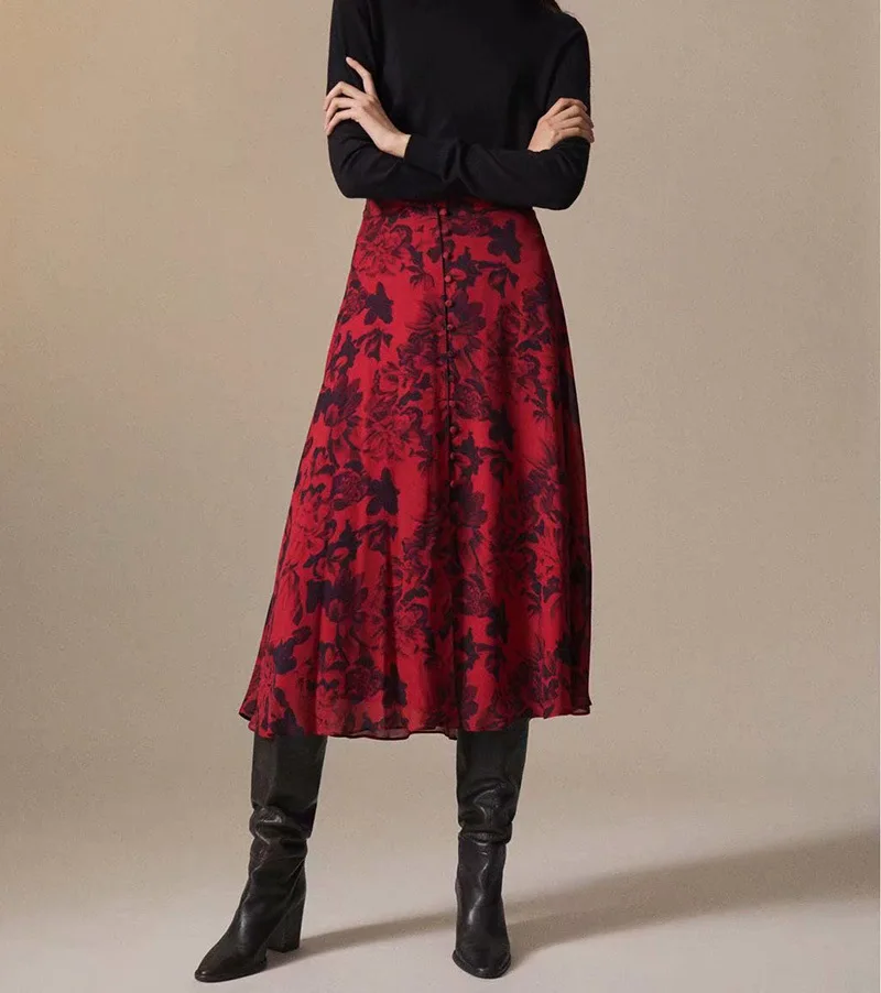

New Year-Drape Women's Floral Print Skirt Cherries Red Skirt Bag Buckle Decoration Drape Skirt