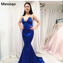 Элегантные королевские синие атласные вечерние платья на тонких бретелях, вечерние платья с v-образным вырезом, Длинные официальные платья с открытой спиной для выпускного вечера