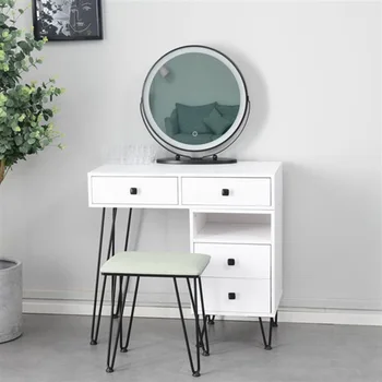 

Dresser Table And Dressing Chair Wood Makeup Desk Vanity Cabinet with Mirror LED Light Storage Drawers Fashion Bedroom Furniture