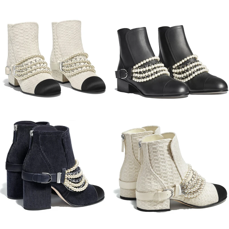 

Womens Round Toe Pearls Metal Chain Decro Ankle Boots Genuine Leather Block Heel Chelsea Back Zipper Shoes Black White New