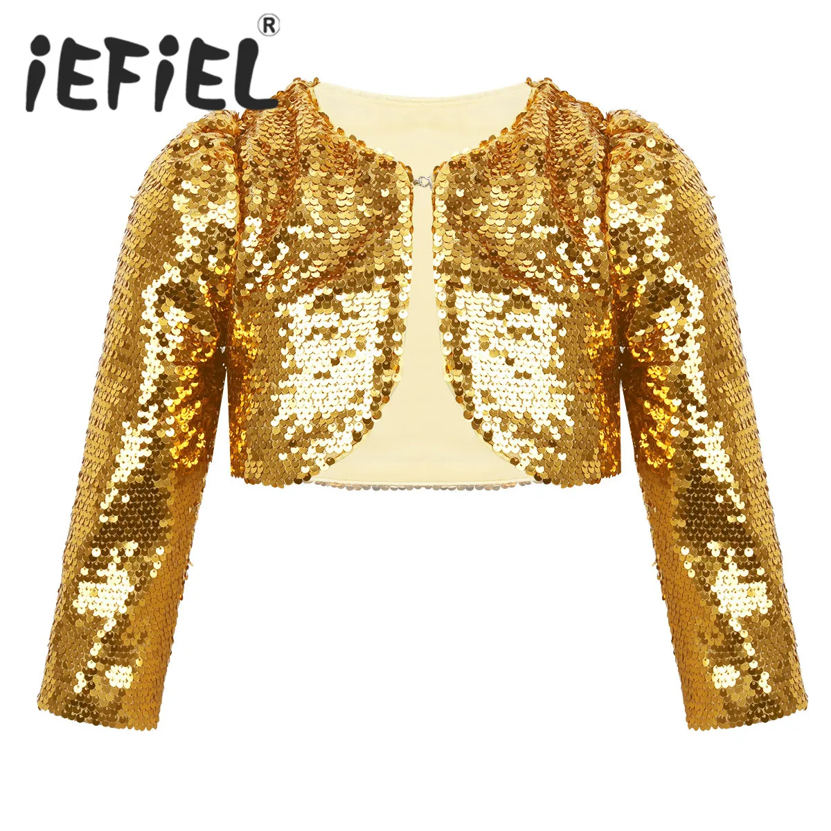 Детский укороченный пиджак с длинными рукавами и блестящими пайетками для